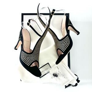 NIB Gucci Suede Crystal Embellished Cone Heeled Ankle Strap Sandals Women’s 36